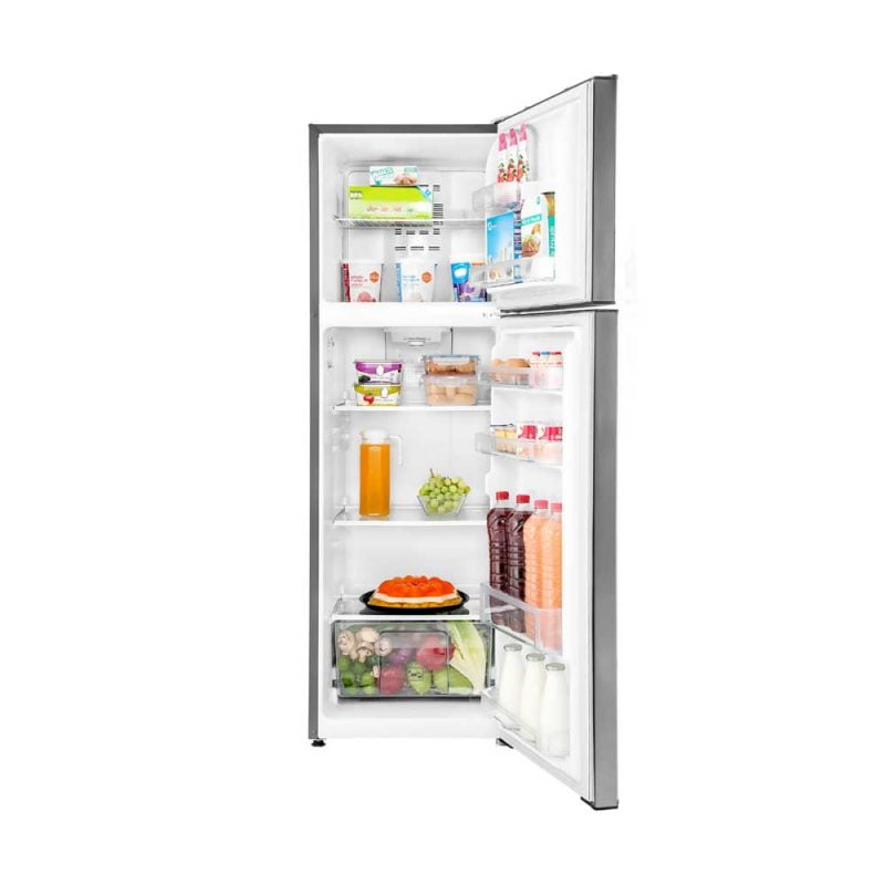 Refrigerador-MABE-10-Pies-Grafito-Mod.-RMA1025VMXE0-frente-abierto-con-comida